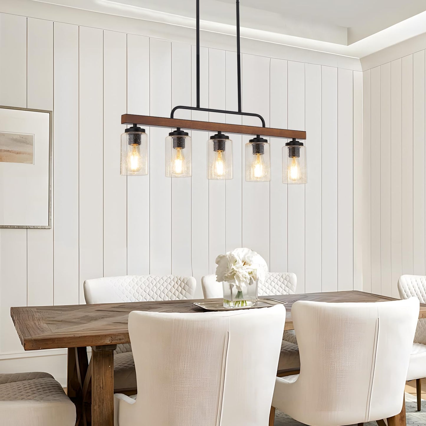 Farmhouse Chandelier 5-Light Dining Room Light Fixture Over Table Kitchen Island Lighting Rustic Chandeliers For Dining Light With Seeded Glass Shade Wood Pendant Lights Kitchen Island