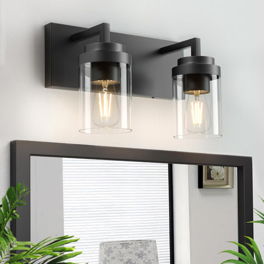 Espird Bathroom Vanity Fixtures  2 Light Matte Black Vanity Light With Clear Glass Shade  15In Farmhouse Wall Light  Lighting Fixture Over Mirror For Bathroom