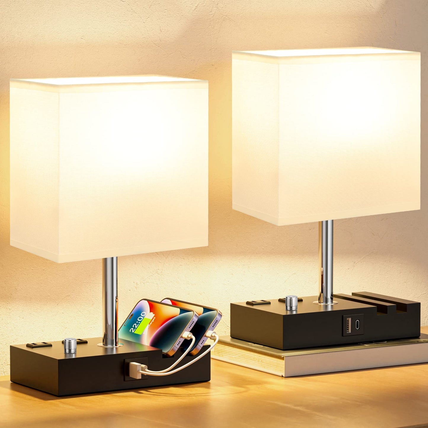 Kakanuo Bedside Lamps Set of 2, Fully Dimmable, USB C Ports, Wooden, White Shade
