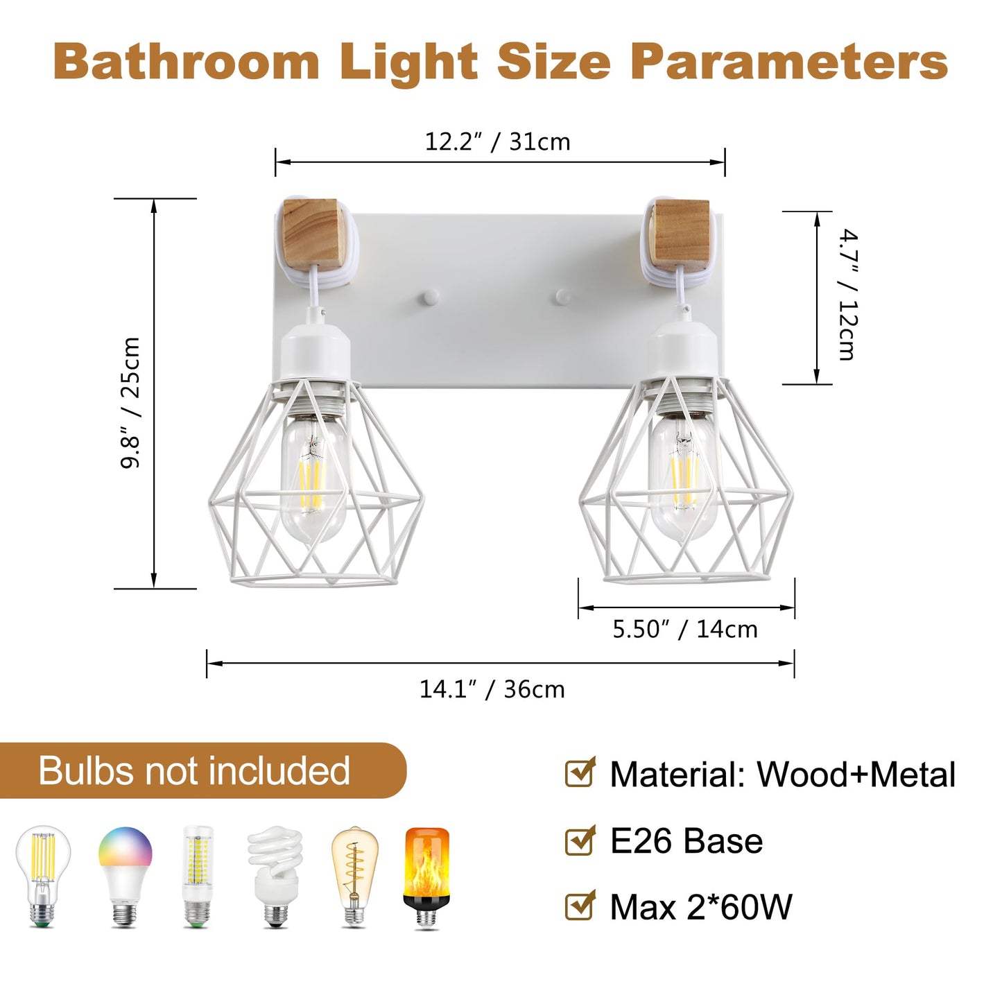 White Bathroom Vanity Light Fixtures  2-Light Wood Bathroom Light Fixtures Over Mirror  Rustic Sconces Wall Lighting With Elegant Metal Lampshade For Living Room  Bedroom  Hallway