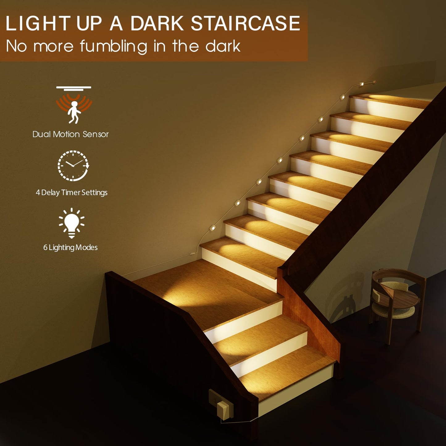 Ameistor Upgraded Smart Stair Lights Motion Sensor Indoor  Plug-In Stairway Lights Indoor Hallway Baseboard Lighting With Cascading Effect  Dimmable  3000K-6000K (16 Stairs)