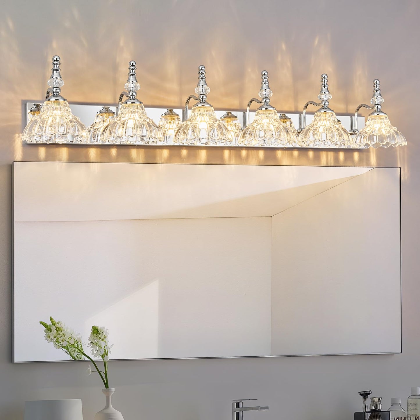 Lbsqj Vintage Bathroom Vanity Light  6-Light Chrome Vanity Lighting Fixture With Flower Glass Shade  Bathroom Lighting Fixtures Over Mirror