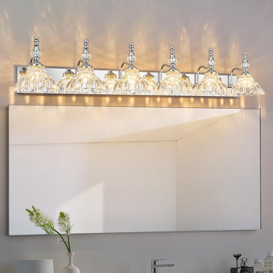 Lbsqj Vintage Bathroom Vanity Light  6-Light Chrome Vanity Lighting Fixture With Flower Glass Shade  Bathroom Lighting Fixtures Over Mirror