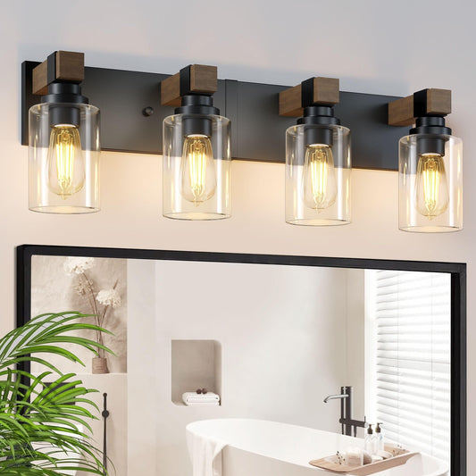 Farmhouse Bathroom Vanity Light Fixtures  Rustic 4-Light Wood Vanity Lights For Bathroom  Vintage Black Wall Sconces Lighting  Light Fixtures Over Mirror  With Glass Shade