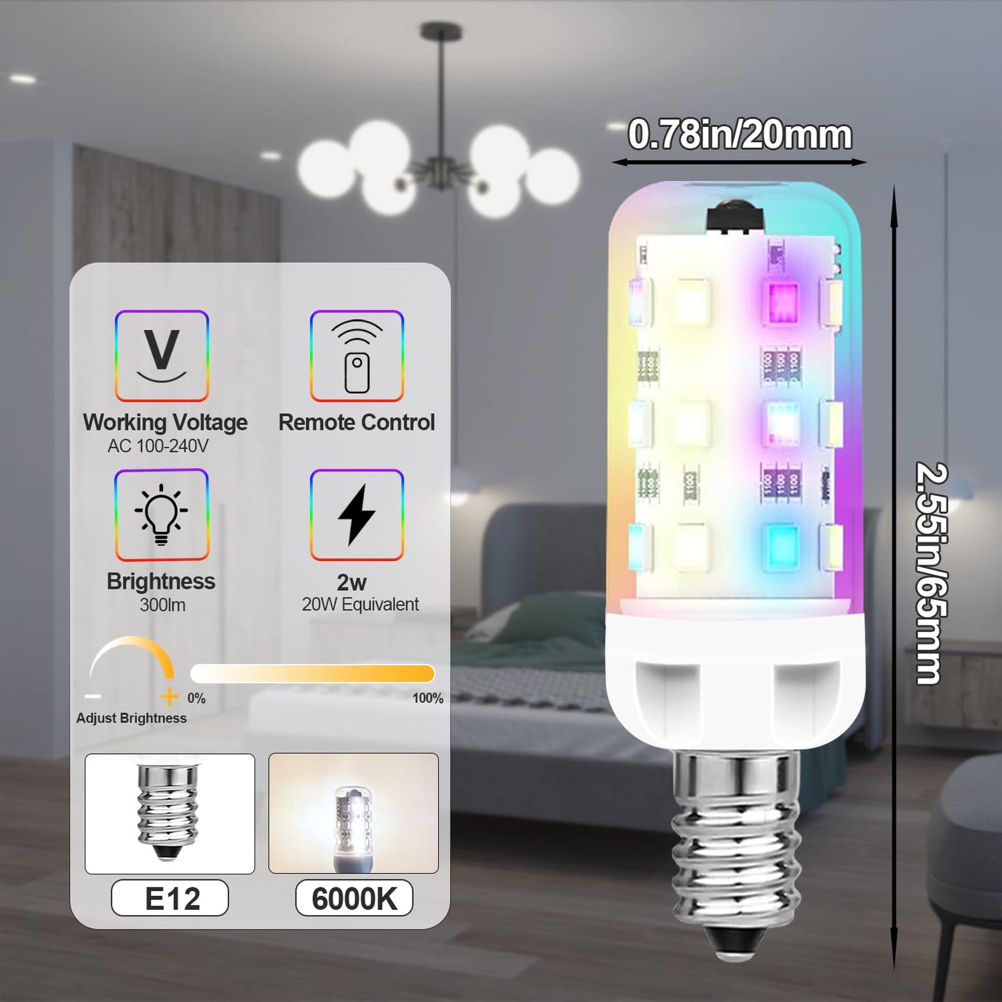 Xrise E12 Led Bulb 2.5W Dimmable Rgb+White Color Changing With Remote Control Equivalent 25W Halogen E12 Base Led Light Bulbs 6000K 250Lm  No Flicker 8 Pack