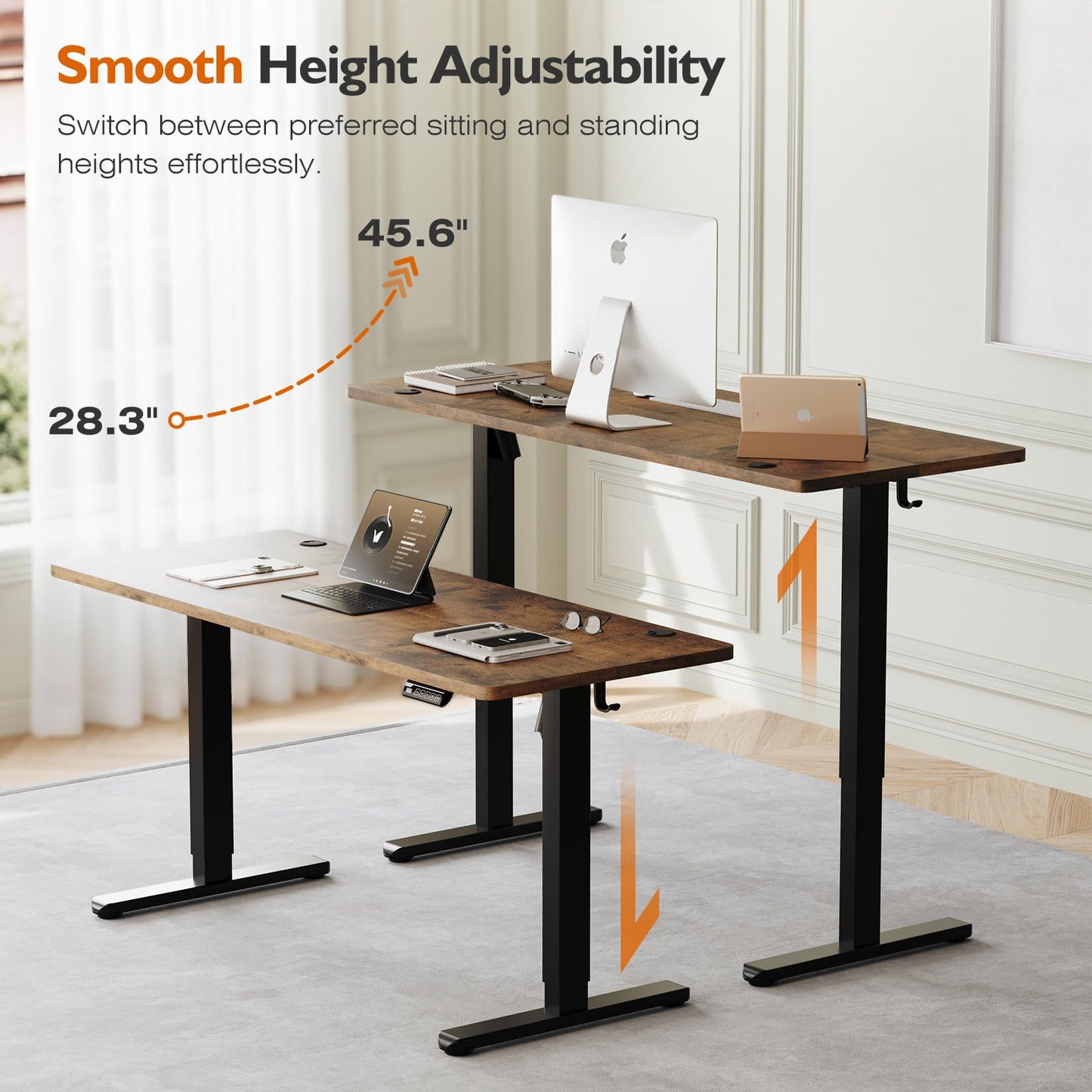 Monomi Electric Height Adjustable Standing Desk, 48x24 Inches, Ergonomic Home Office Sit/Stand Up Desk with Two-Piece Desktop (Black Steel Frame/Rustic Brown Top)