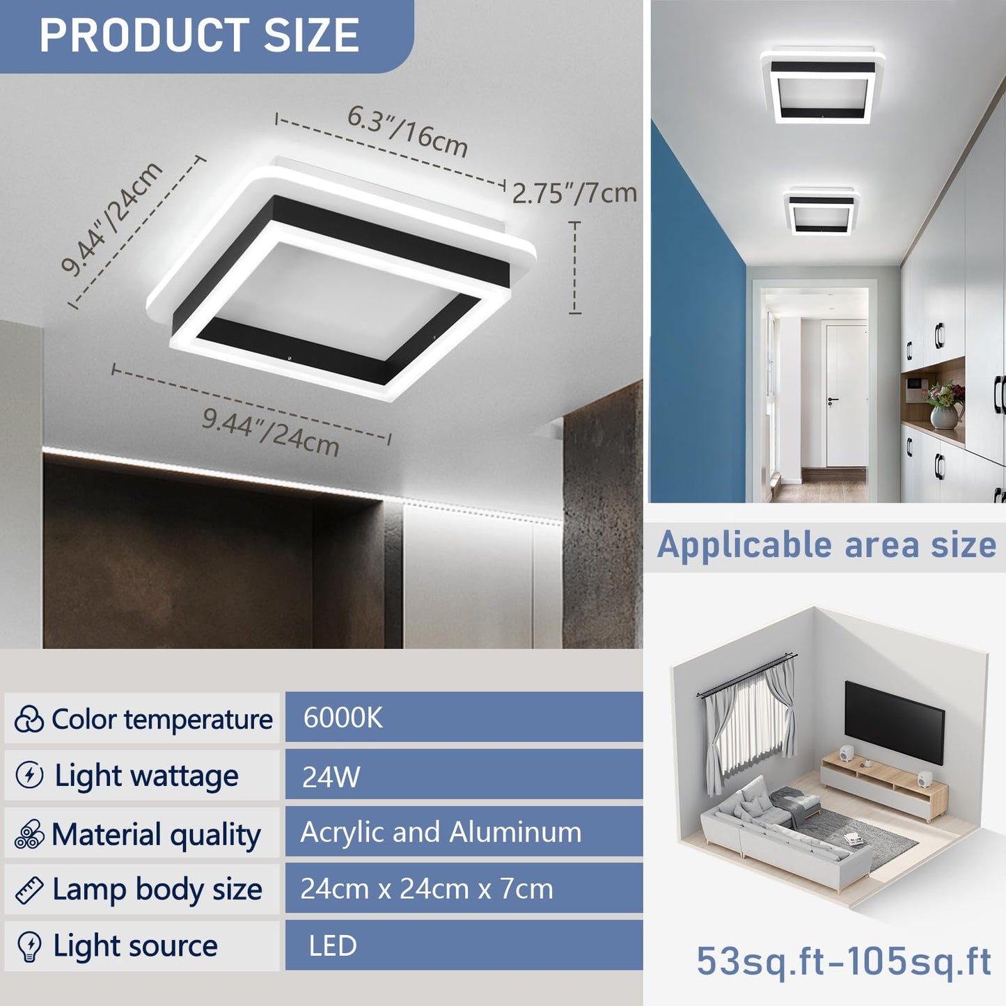 Caneoe 3 Packs Square Flush Mount Ceiling Light  6000K Black Modern Led Ceiling Light Fixture  Minimalist Hallway Lighting Fixture Ceiling Lamp For Hallway Entryway Bedroom Balcony (Black)