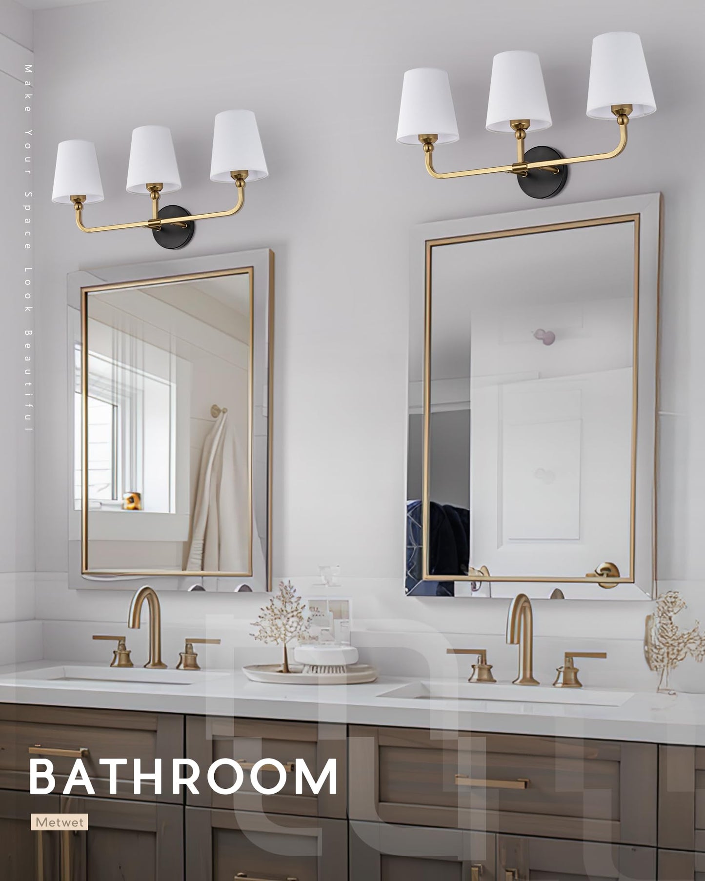 Metwet Bathroom Light Fixtures  Black And Gold Vanity Lights With Flared White Fabric Shade  3-Light Wall Sconce  Modern Sconces Wall Lighting For Hallway Bedroom  Vl837-Kg-3