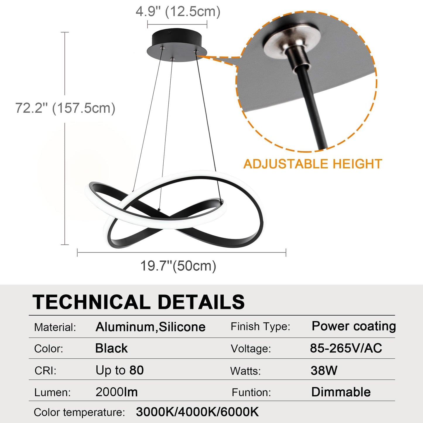 Mayna Modern Chandelier With Remote Control  Dimmable Led Pendant Light Fixtures With 3 Color Temperature  Height Adjustable Kitchen Island Lighting For Dining Room Kitchen Entryway  Black 19.7 Inch