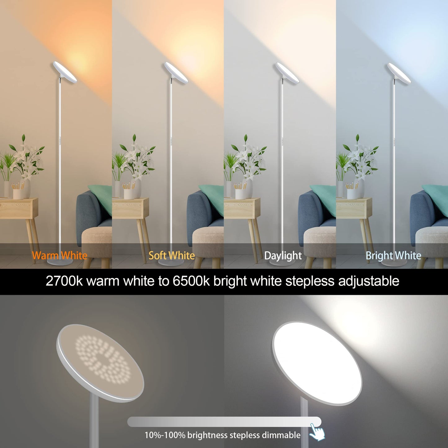 WOWLUMEN Modern Floor Lamp, 42W 3700LM LED Torchiere, 5 Color Temperatures, Touch Control, White