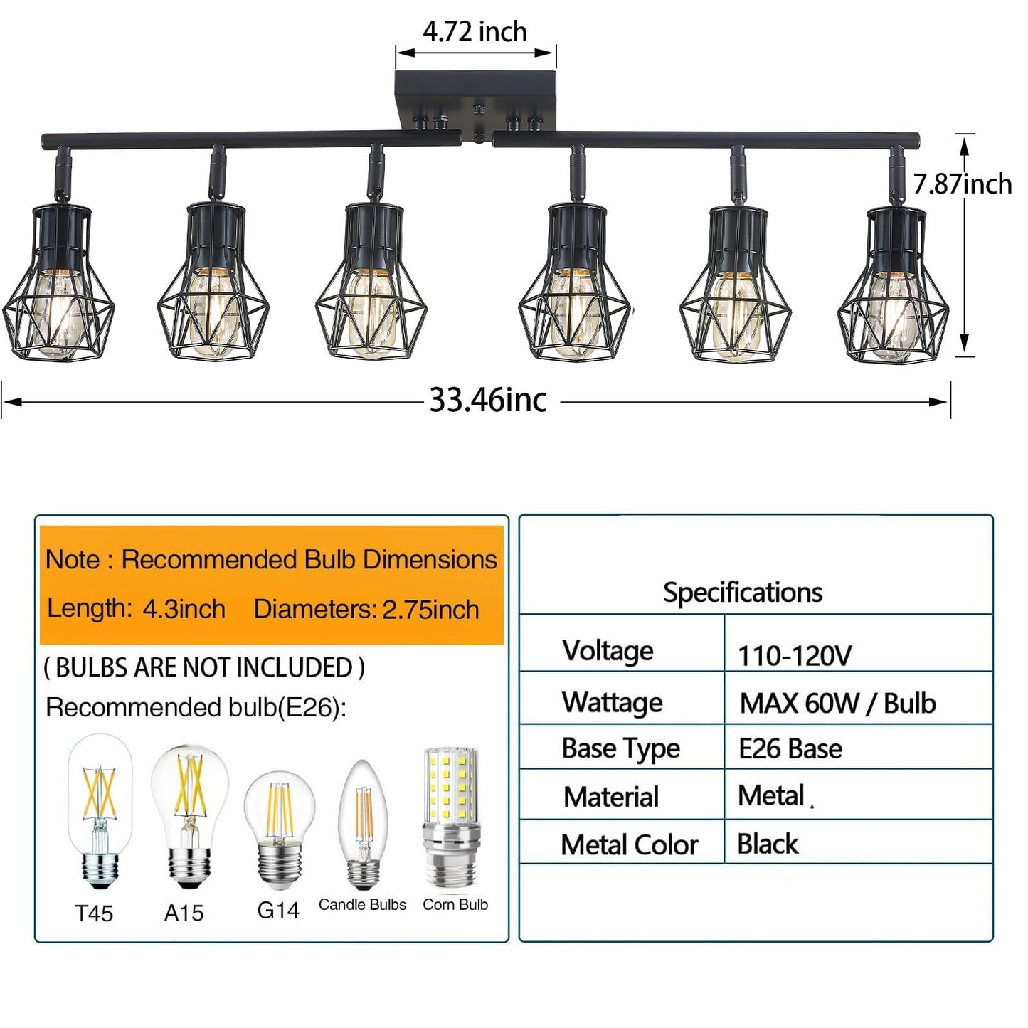 Banganma Black Track Lighting Fixtures Ceiling 6-Light Farmhouse Track Lighting With Metal Cage Design - Kitchen Lights Ceiling Mount For Kitchen  Living Room  Dining Room (E26 Base)