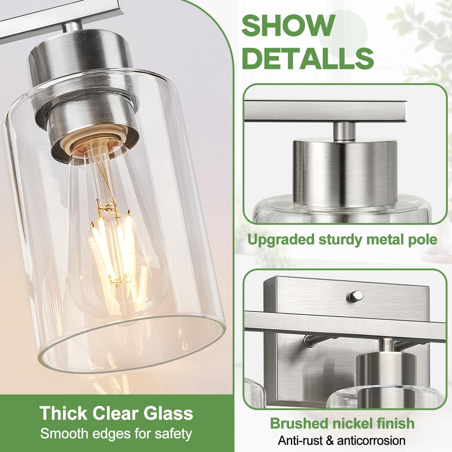 Meybiok 3-Light Bathroom Light Fixtures  Brushed Nickel Vanity Lights  Bathroom Lighting With Clear Glass Shade  Vanity Lighting Fixtures For Mirror Kitchen Bedroom Hallway Living Room