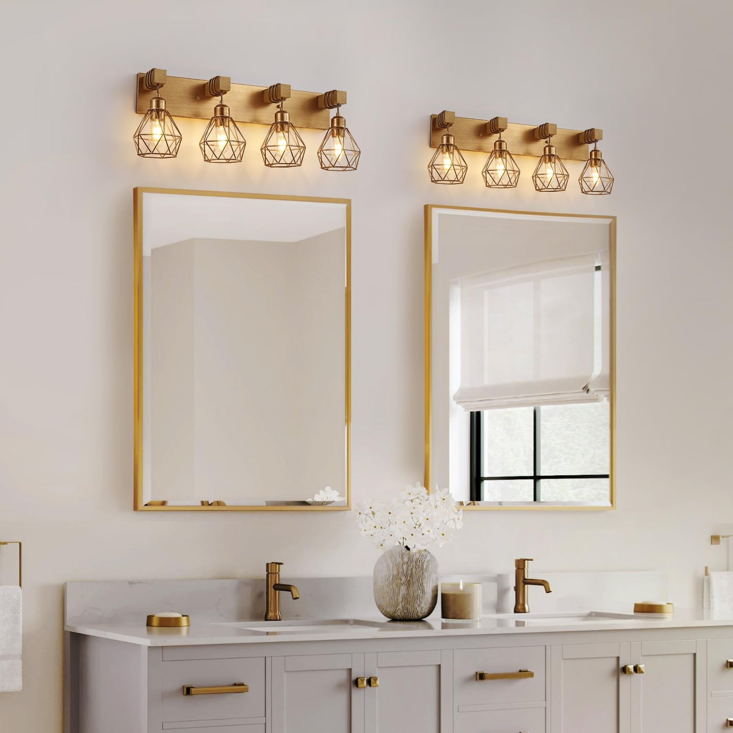 Bathroom Gold Vanity Light Fixtures  4-Light Gold Bathroom Light Fixtures Over Mirror  Sconces Wall Lighting With Elegant Metal Lampshade For Living Room  Bedroom  Hallway
