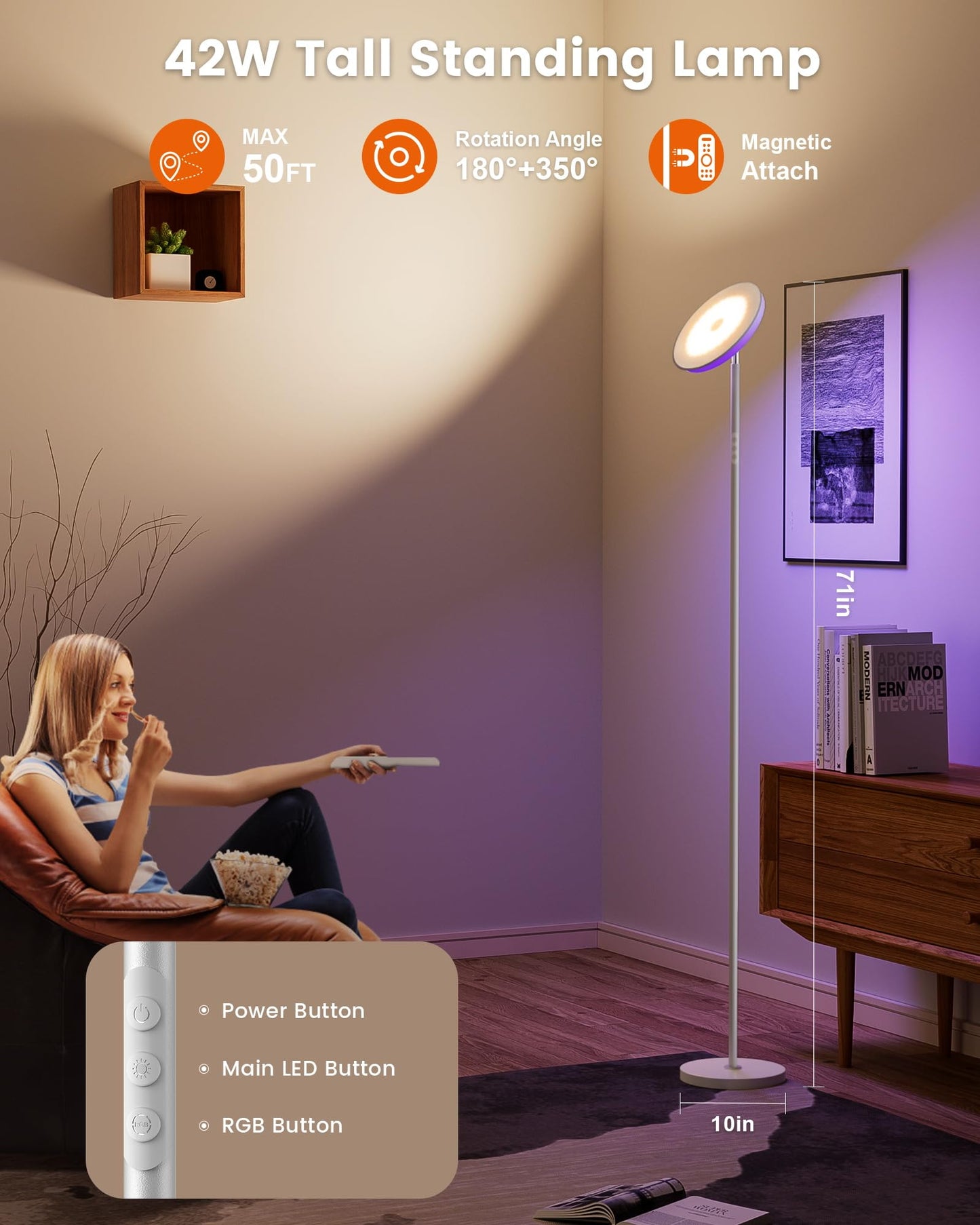 WOWLUMEN Modern Floor Lamp, 42W 3700LM LED Torchiere, 5 Color Temperatures, Touch Control, White