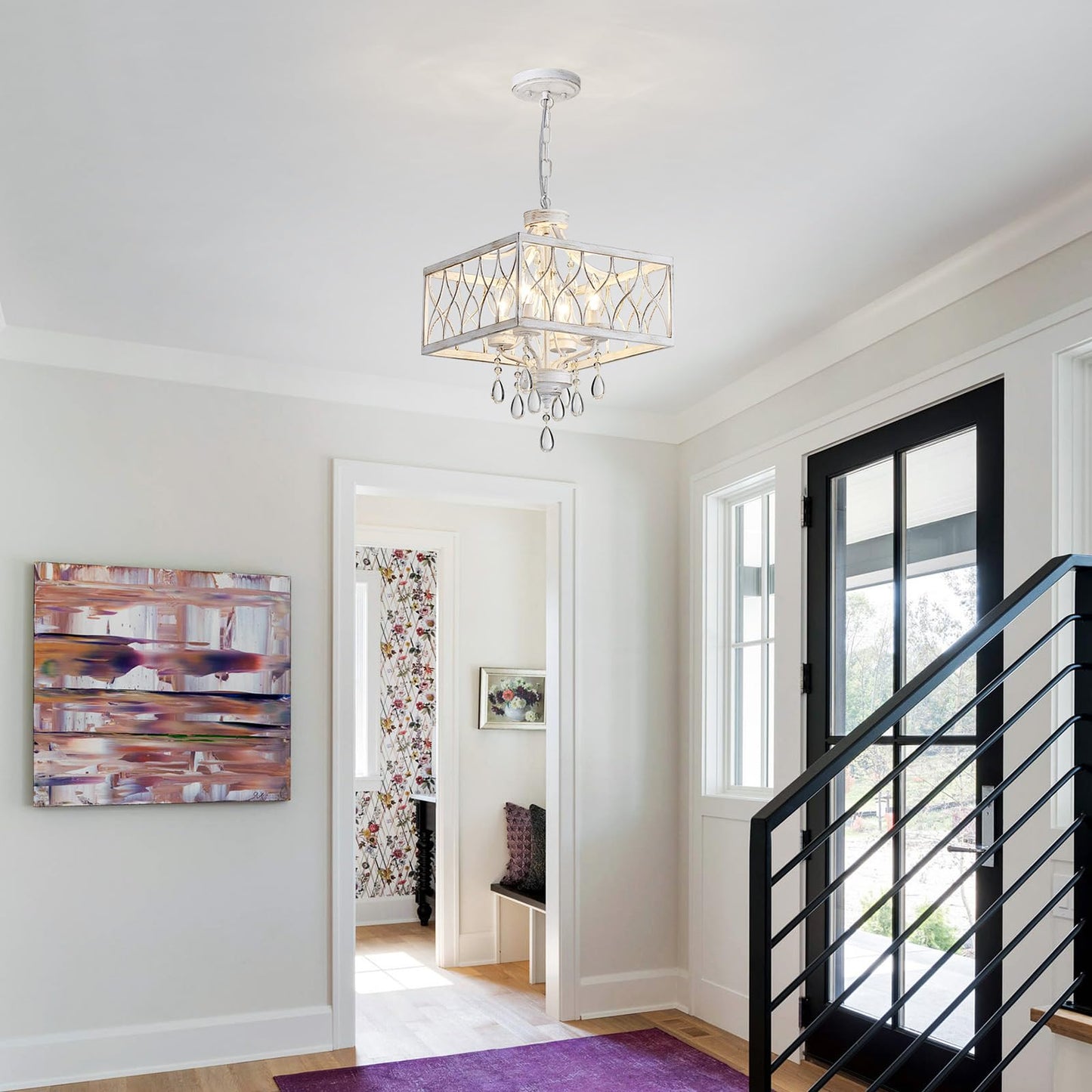 Farmhouse Crystal Chandelier White Modern K9 Crystal Ceiling Chandelier Lighting Fixture  Hanging Pendant Light Fixture  Kitchen Island Lighting For Dining Room Living Room Entryway Bedroom Hallway
