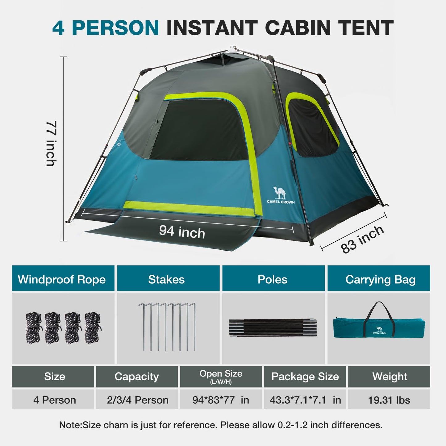 CAMEL CROWN Instant Tents for Camping 2-4 Person Tent Waterproof Easy Setup Sets Up in 60 Seconds Backpacking Tents with Carry Bag for Outdoor Hiking Ink Blue