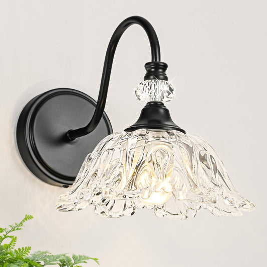 Sunkryster 1 Piece Black Wall Sconce With Floral Clear Glass Shade  Black Farmhouse Wall Mount Lighting For Bathroom Vintage Bathroom Vanity Light Fixture