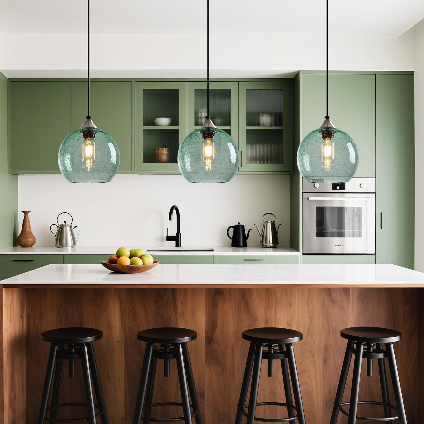Lbsqj Light Green Glass Pendant Lights Kitchen Island Lighting Globe Pendant Light Fixtures Modern Pendant Lighting For Bedroom Living Dining Room Light Fixture (7.87 In  3 Pack)