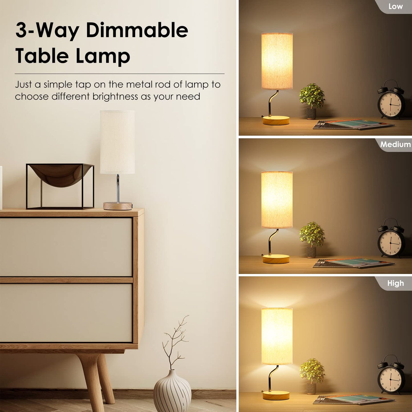 Artoomizz Bedside Table Lamp - Touch Control LED, Wireless Charger & USB Port, Cream, Dimmable, Wooden Nightstand Lamp for Bedroom & Office