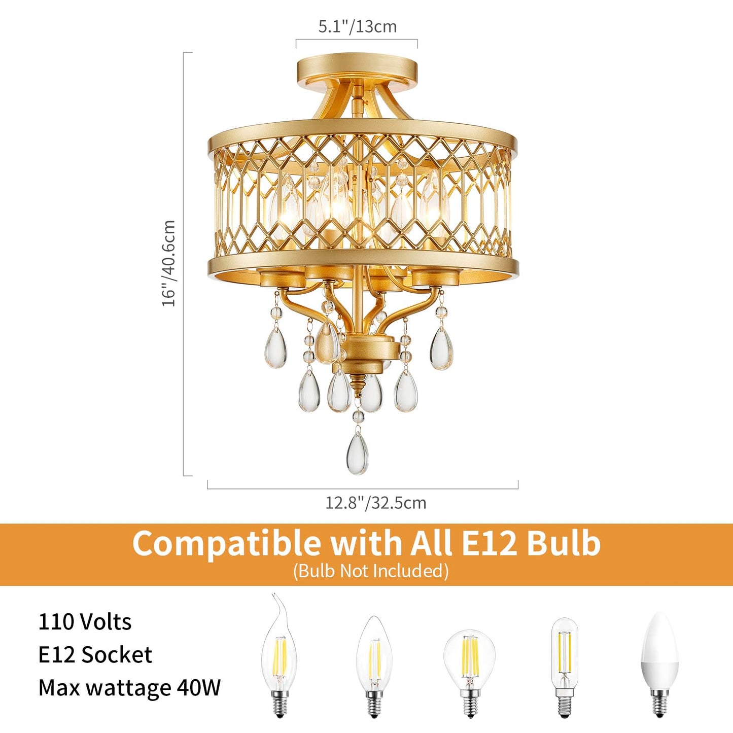 Crystal Ceiling Light Fixture  Farmhouse Semi Flush Mount Ceiling Light  Gold Crystal Chandeliers For Dining Room Light Fixture  Hallway Lighting Fixtures For Kitchen Bedroom Bathroom Foyer Entryway