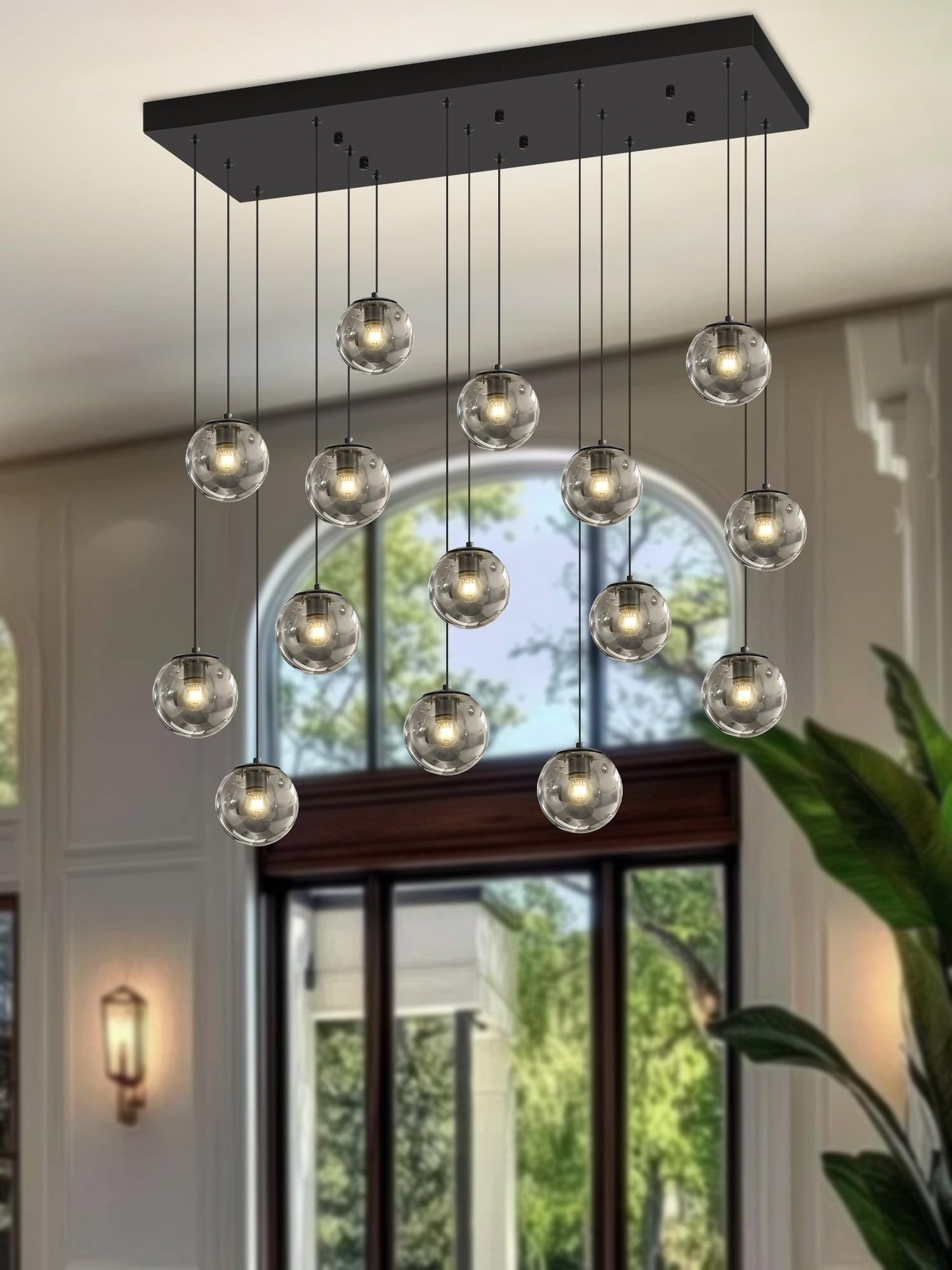 Ykolupty Rectangular Chandelier Smoke Gray Chandelier For Dining Room Large Chandeliers For High Ceiling 16-Lights Entryway Modern Lighting Fixture Globe Pendant Light For Living Room Foyer Hallway