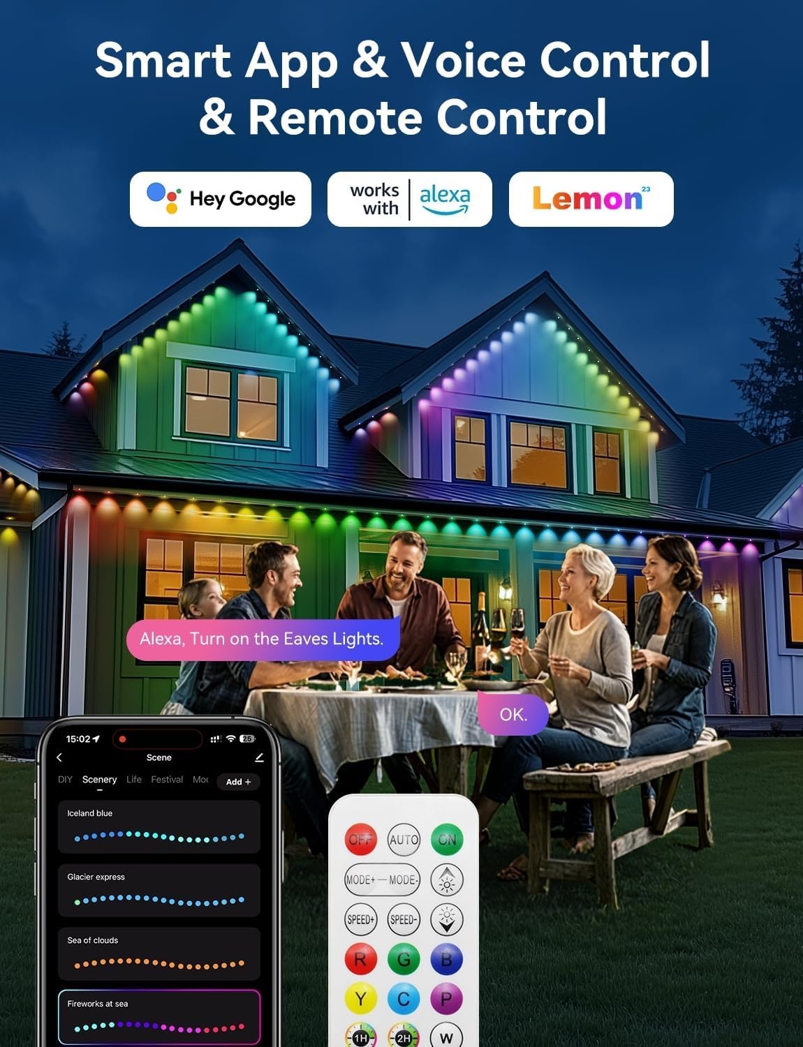 Lemonlovely Permanent Outdoor Lights Pro  120Ft With 88 Ic+Rgbcw Smart Led Eaves Christmas Lights For Daily Decoration  Ip67 Waterproof For Outside Xmas Halloween House Roof Lighting  Black