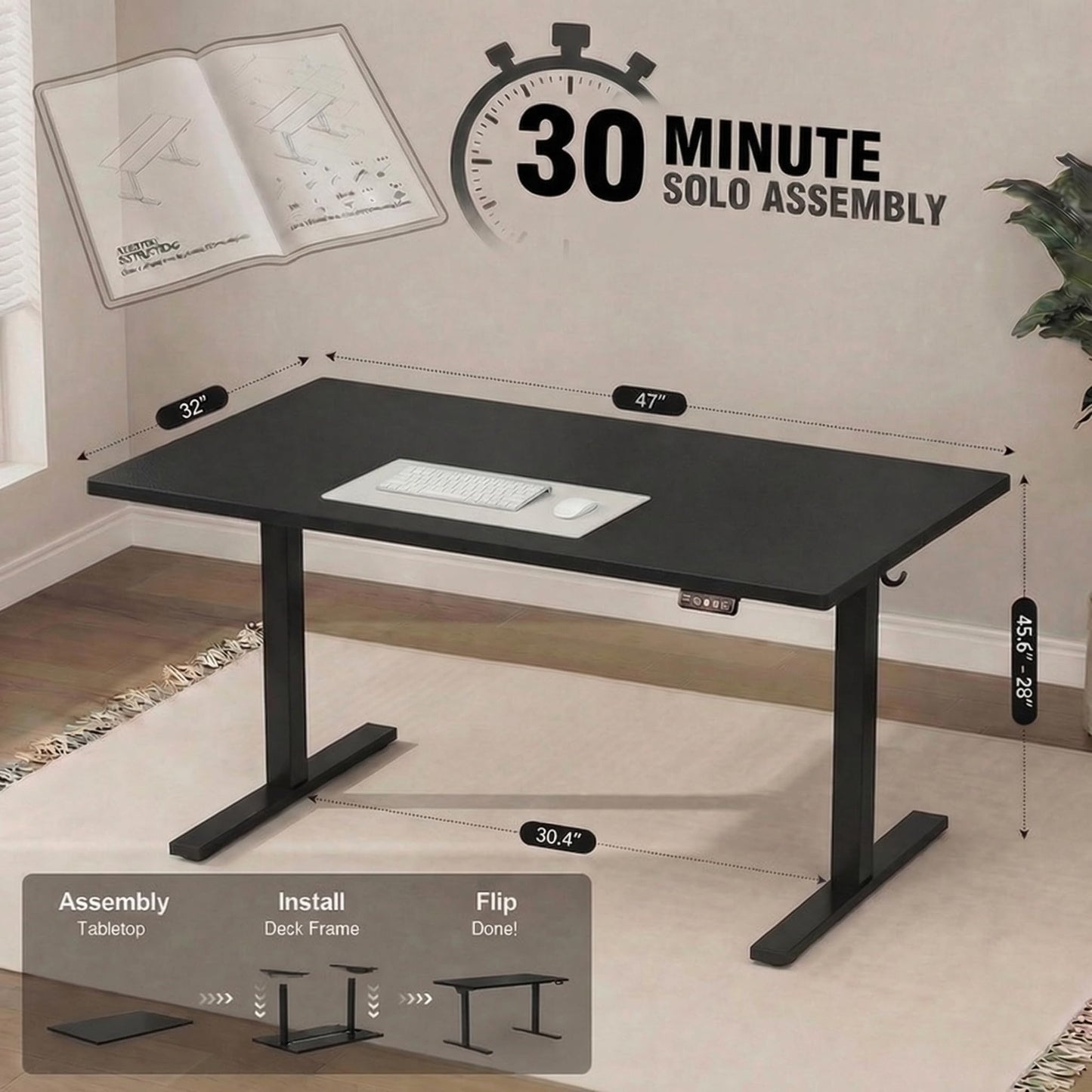Grandder 47x32 Large Electric Standing Desk, Height Adjustable Computer Desk with 2 Memory Presets, 31.5" Deep Desktop Sit Stand Desk Home Office Desk Workstation Table with Hooks, Black