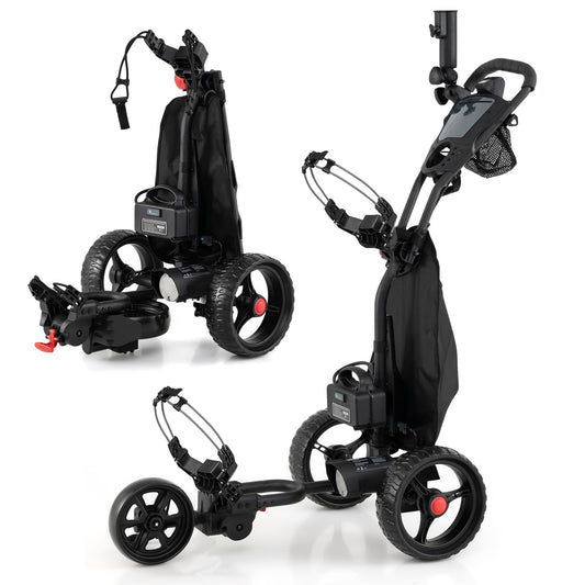 Tangkula Electric Golf Push Cart, Foldable 3 Wheels Golf Cart with Adjustable Handle & 9 Speed Settings, 18 Hole Battery, Umbrella Holder, Drink Holder, Scorecard Holder, Cooler Bag & USB Port, Black