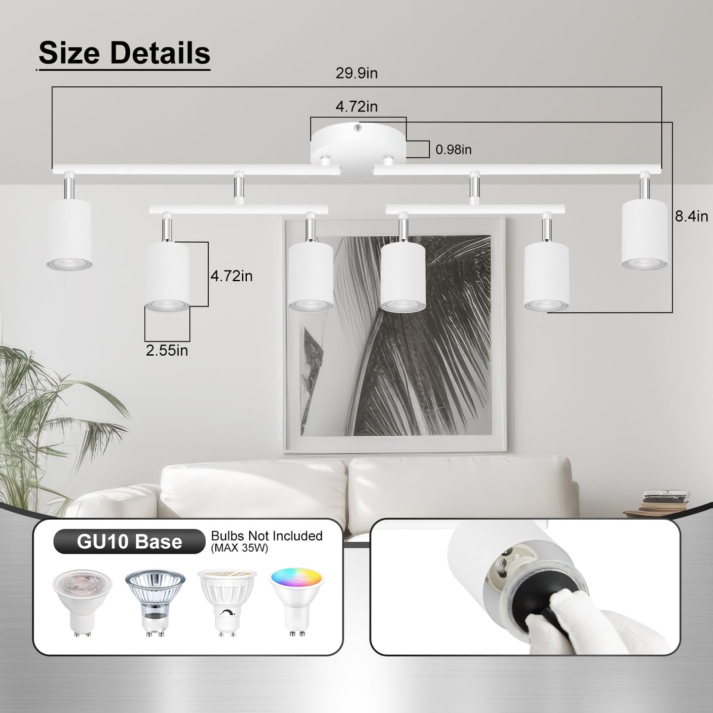 Auquee 6 Light Track Lighting Fixtures Ceiling  Matte White Kichen Track Lighting Fixtures With Rotatable Light Heads  Upgrade Light Poles  Modern Led Spot Lights For Kitchen/Hallway  No Gu10 Bulb