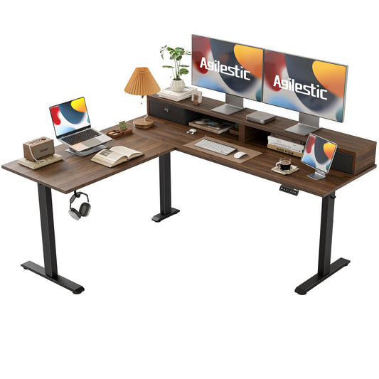 Agilestic 63 x 55 INCH L Shaped Electric Standing Desk with 2 Drawers, Ergonomic Adjustable Height Desk with Storage, Corner Desk Sit Stand up Computer Table for Work Office Home, Dark Wlalnut