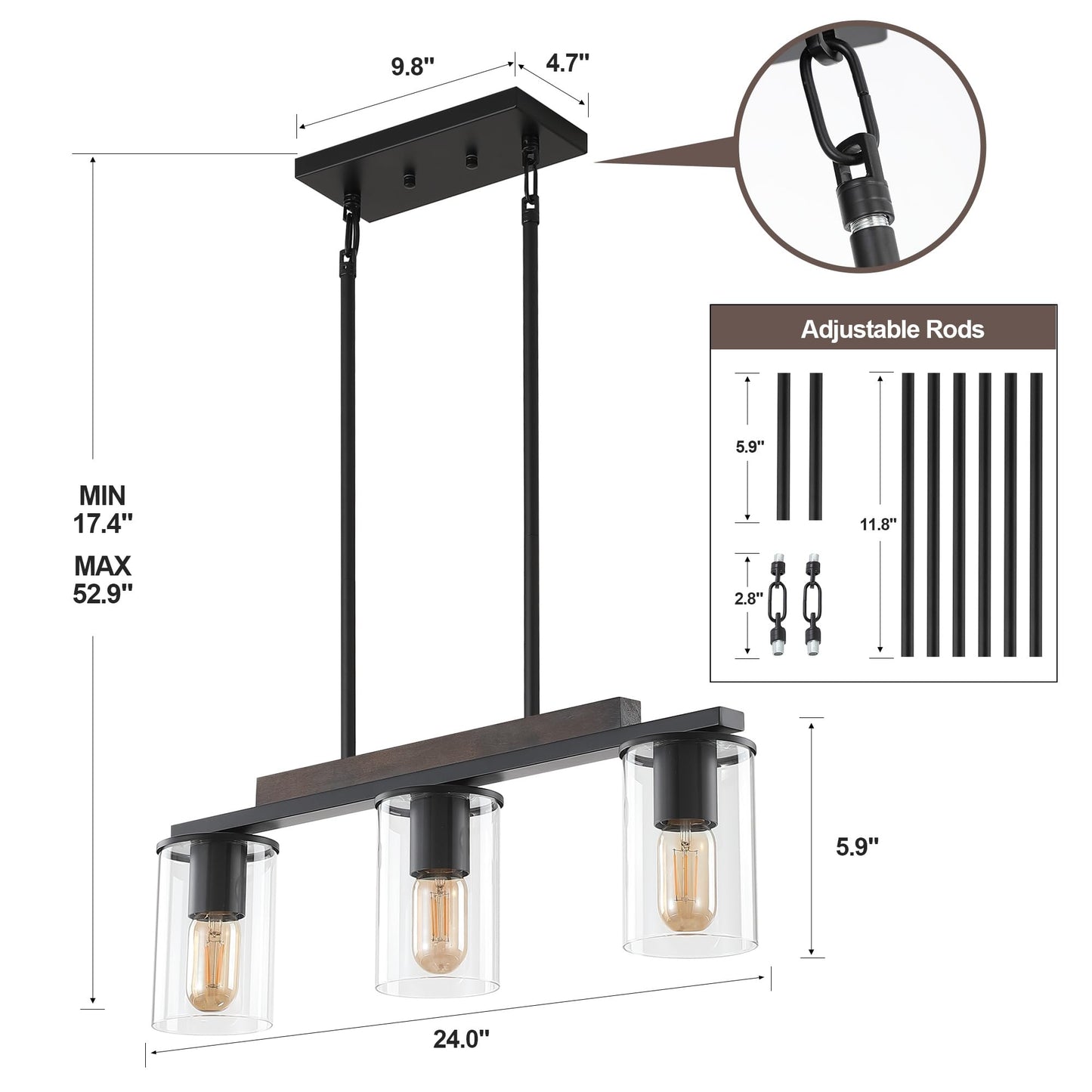 Mecgirn Farmhouse Dining Room Light Fixtures Over Table  Black Pendant Lights For Kitchen Island  3 Light Linear Chandelier Lighting With Wood