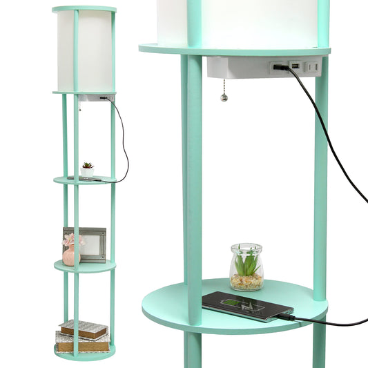 Simple Designs Round Shelf Etagere Floor Lamp with 2 USB Ports, Linen Shade, Aqua, 62.5in Tall, Model LF2010-AQU