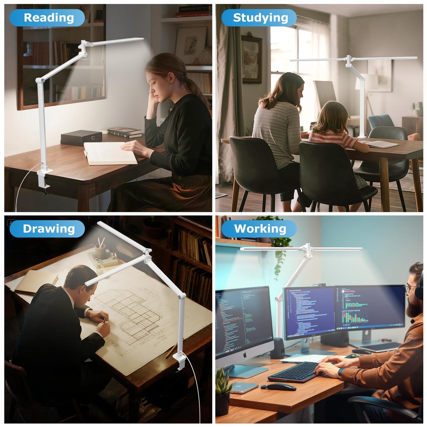 Airlonv Led Desk Lamp  Double Swing Arm Wide Lighting Area Desk Lamps For Home Office With Stepless Dimming  Eye-Caring Architect Desk Light With Clamp For Reading  Study  Workbench  Drafting(White)