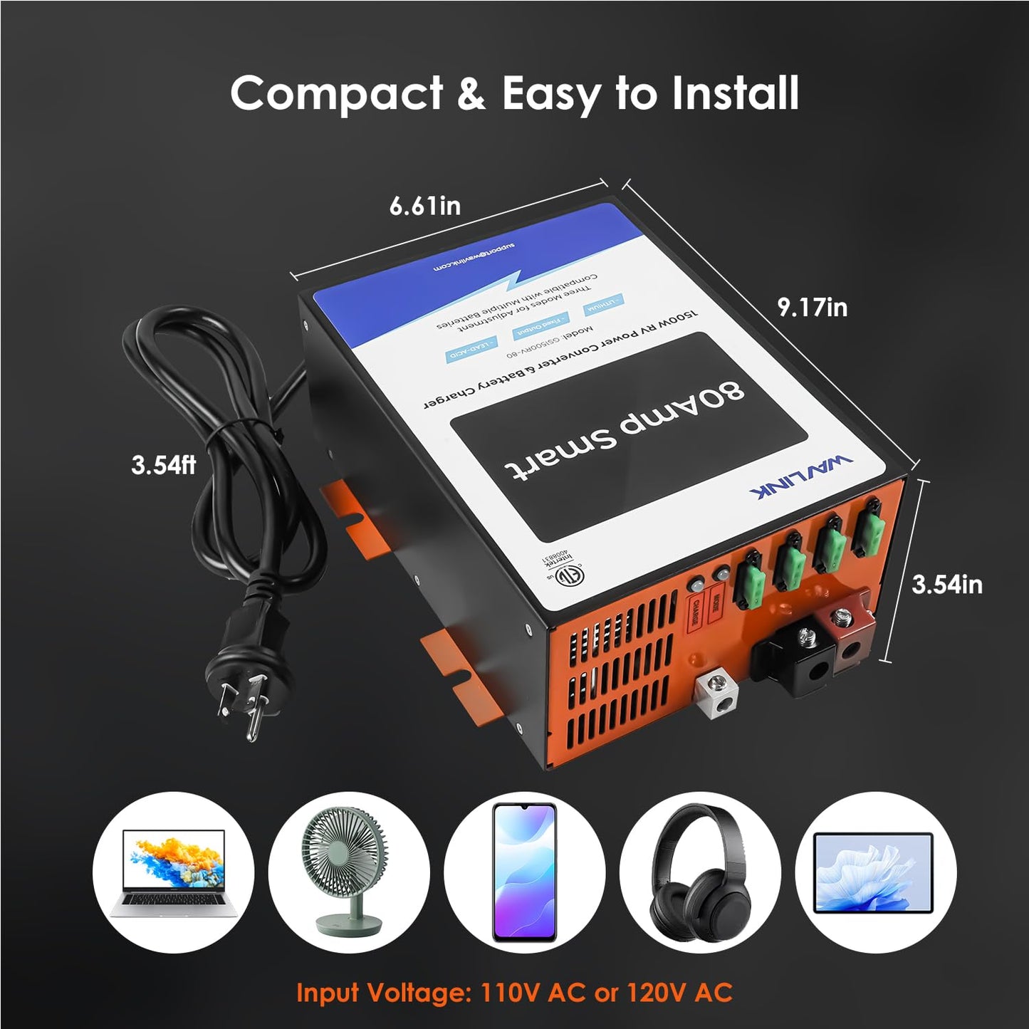 WAVLINK 80 Amp RV Power Converter, 120V AC to 12V DC Battery Charger with 3 Smart Charging Modes, 13V-16.5V Adjustable Operating Range, Multi-Stage Charging