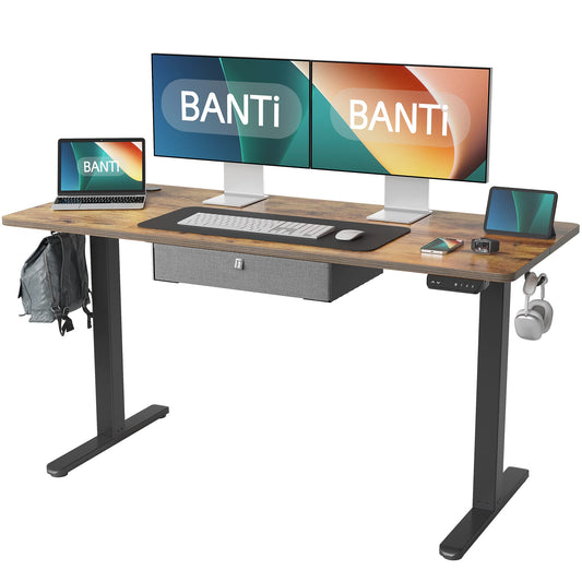 BANTI Adjustable Height Standing Desk with Drawers, 55x24 Inches Electric Stand Up Desk, Sit Stand Home Office Desk with Black Frame/Rustic Brown Top