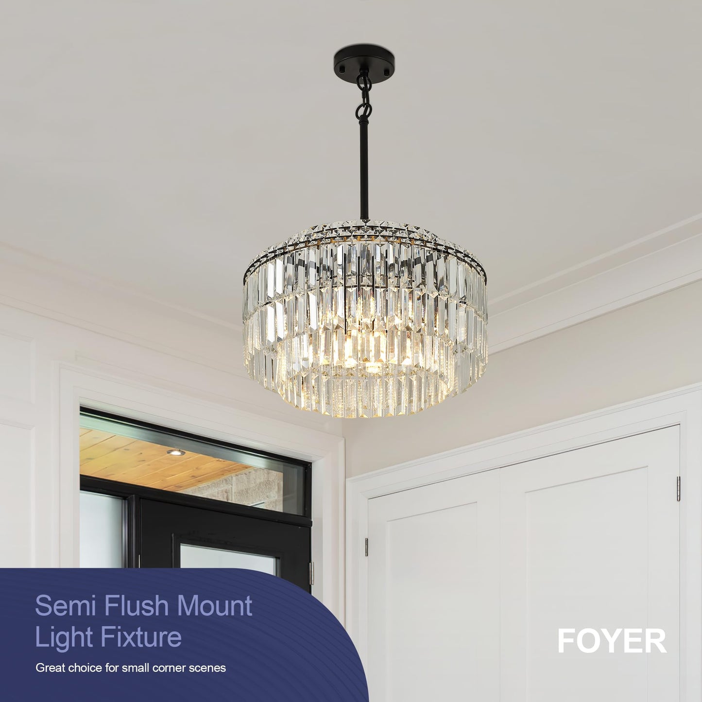 Lighceac Modern 17.6 Black Crystal Chandelier Ceiling Light Fixtures For Dining Room stylish Glam 8-Light Crystal Chandeliers Lighting For Bedroom Entryway Hallway Living Room Kitchen Island Foyer