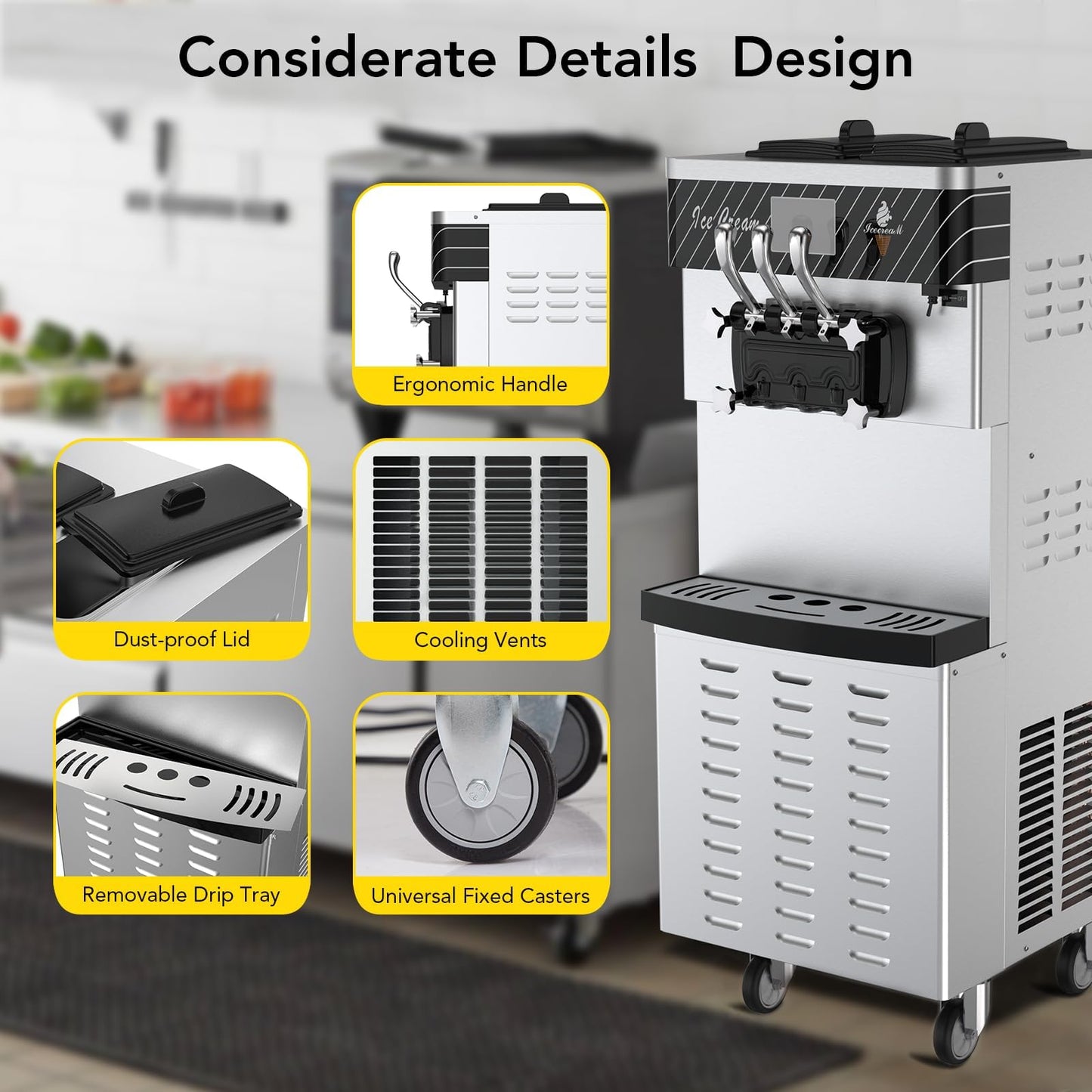 Commercial Ice Cream Maker Machine, 3 Flavors Soft Serve Ice Cream Machine, 2 * 7L Hoppers, 2450W Compressor Electric Ice Cream Maker for Restaurants/Dessert Shops/Mobile Cars/Snack Bars/Cafes