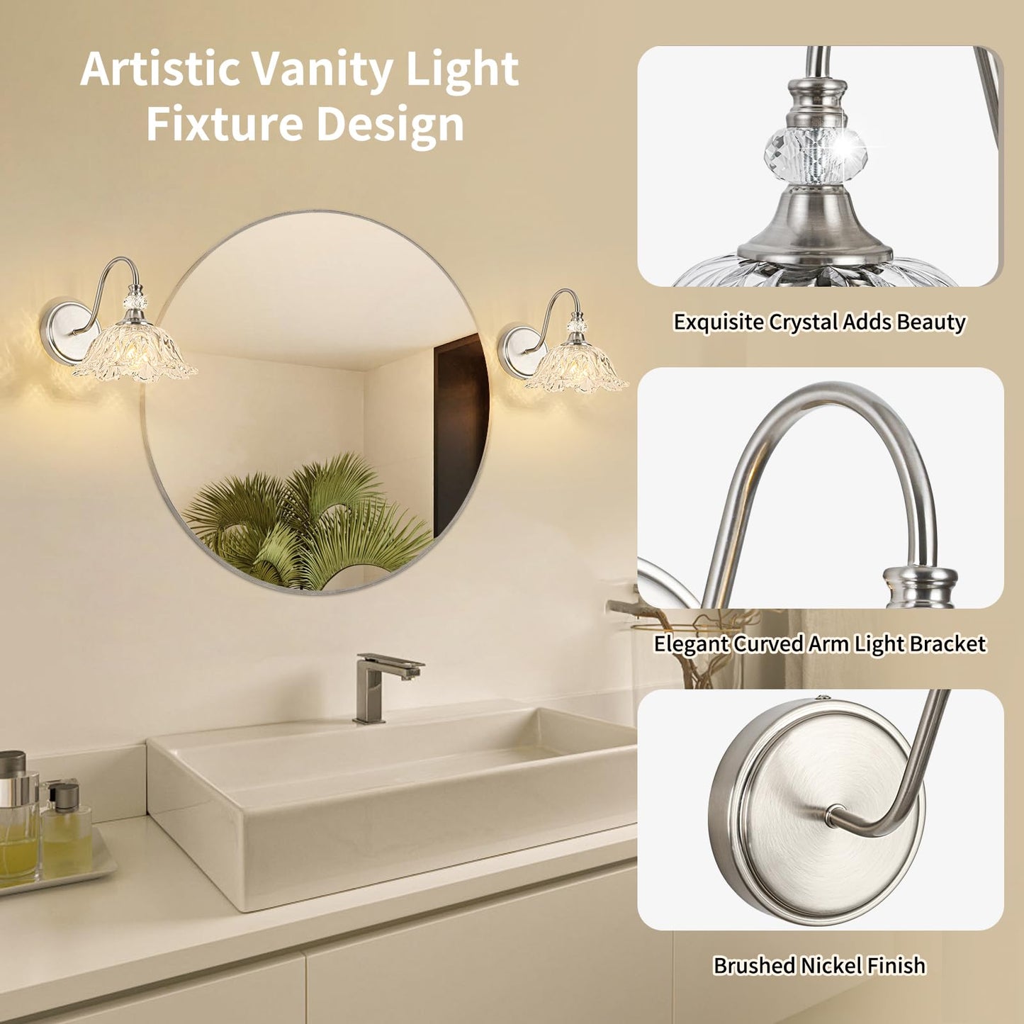 Sunkryster 1 Piece Brushed Nickel Wall Sconce With Floral Clear Glass Shade  Brushed Nickel Finish Wall Mount Lighting For Bathroom  Modern Bathroom Vanity Light Fixture