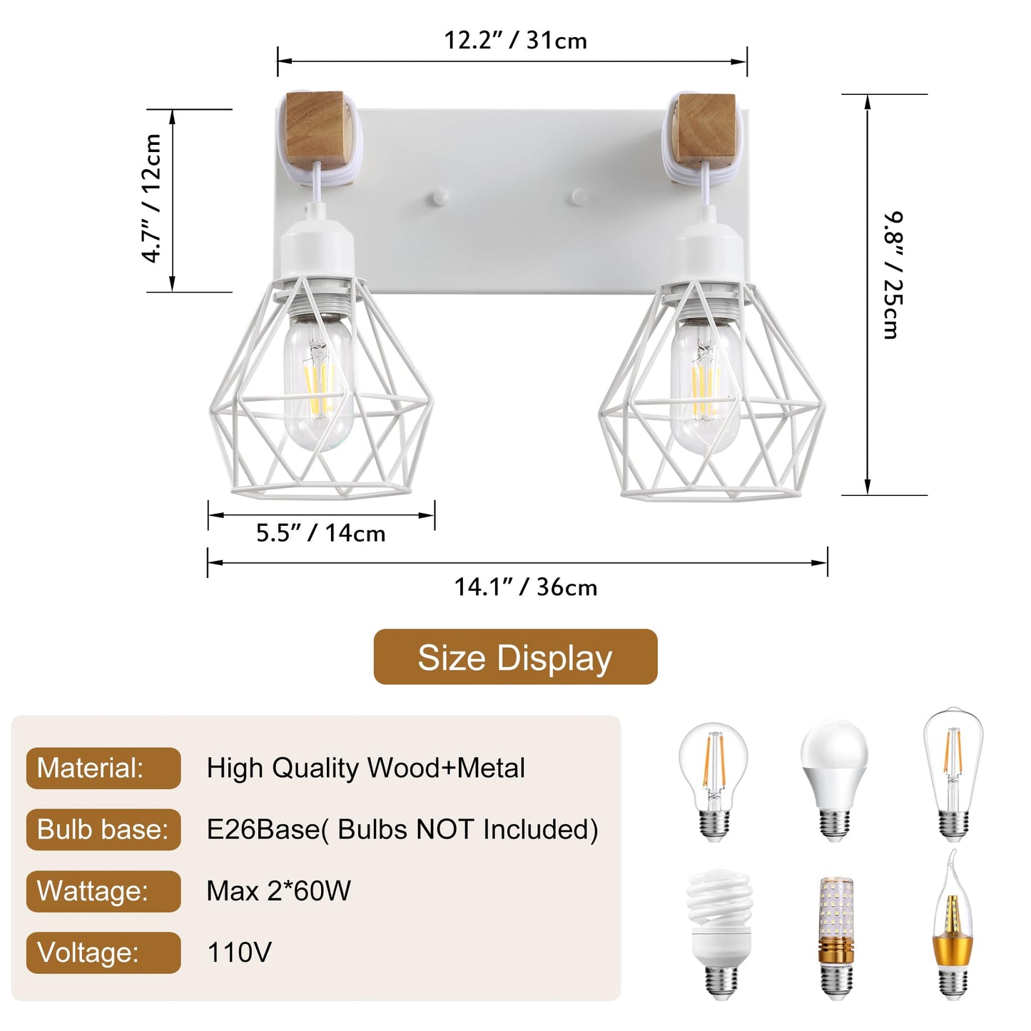 Farmhouse Vanity Light For Bathroom  2-Light White Wood Bathroom Vanity Light Fixtures Over Mirror  Rustic Sconces Wall Lighting With Metal Lampshade For Living Room  Bedroom  Hallway