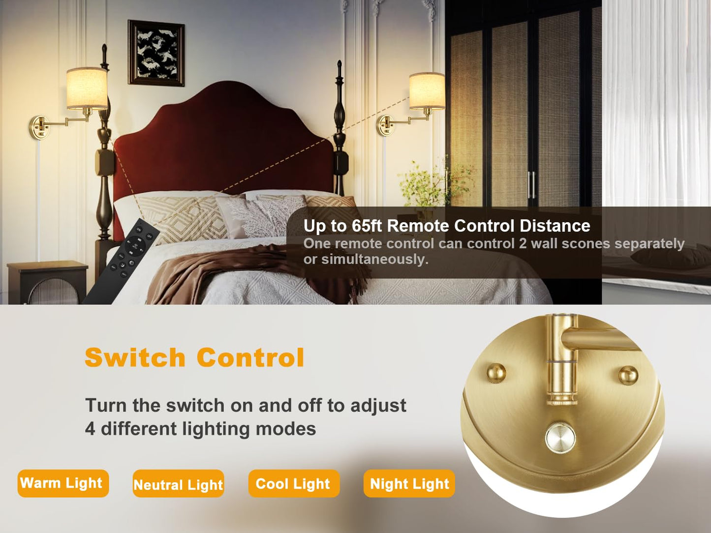 Goodate Plug In Wall Sconces With Remote Control  Dimming & Adjustable Colors 2700K-6500K  Hardwire Or Plug-In  Swing Arm Wall Lamp With Linen Fabric Shade  Wall Sconces Set Of Two  Gold Finish
