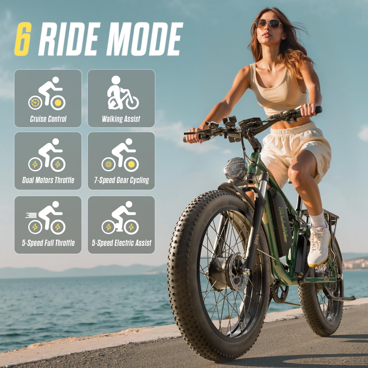 PUJH 6000W Dual Motors Electric Bike for Adults,60V 20Ah 26" Fat Tire Ebike,45 mph up to 100 Miles Full Suspension Class 3 Electric Bicycle for Snow Off Road Mountain Hunting Commuter