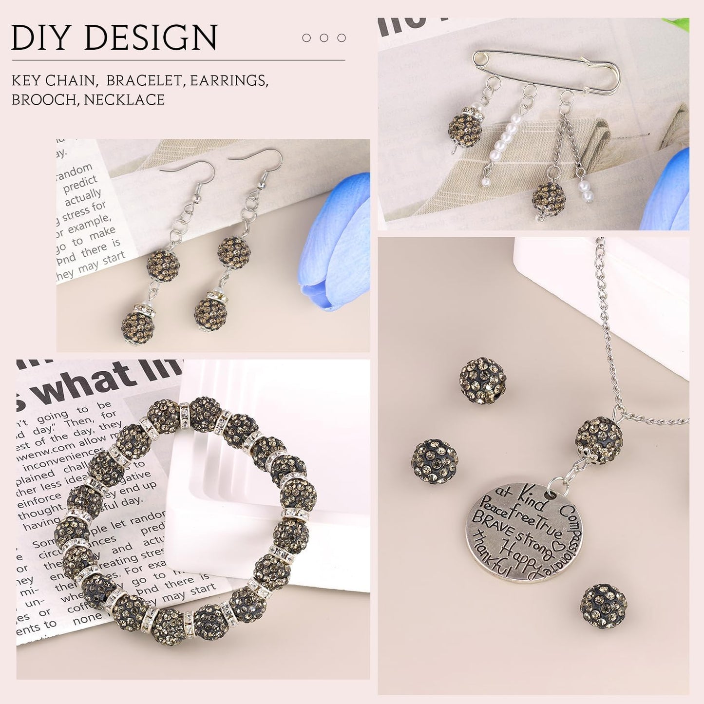 100pcs 10mm Rhinestone Beads for Jewelry Making, Gray Shiny Round Shamballa Disco Ball Beads Bulk, Sparkle Crystal Clay Christmas for Bracelet Baseball Necklace Earring Crafting and DIY