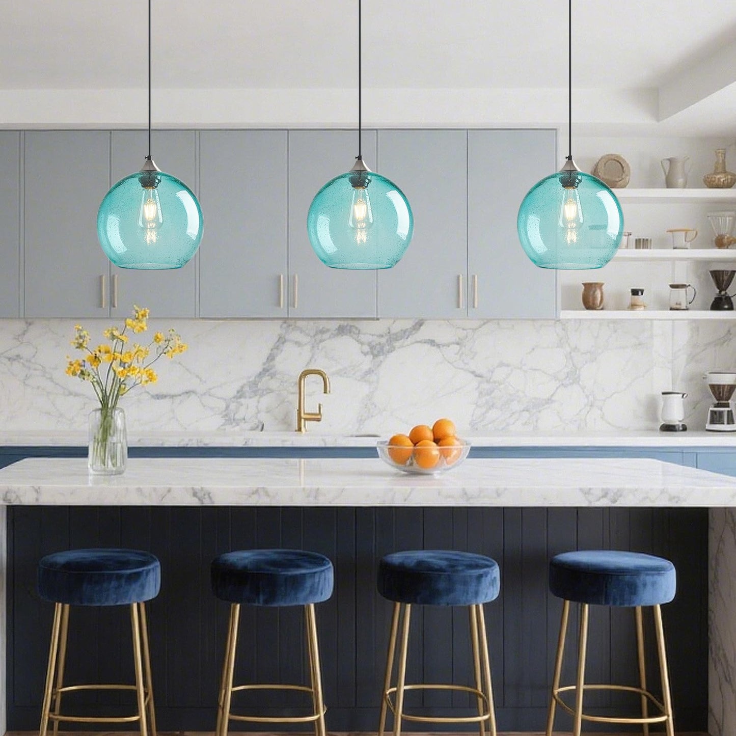 Lbsqj Light Blue Glass Pendant Lights Kitchen Island Globe Pendant Light Fixtures Modern Pendant Lighting For Bedroom Living Dining Room Light Fixture (9.84 In  3 Pack)