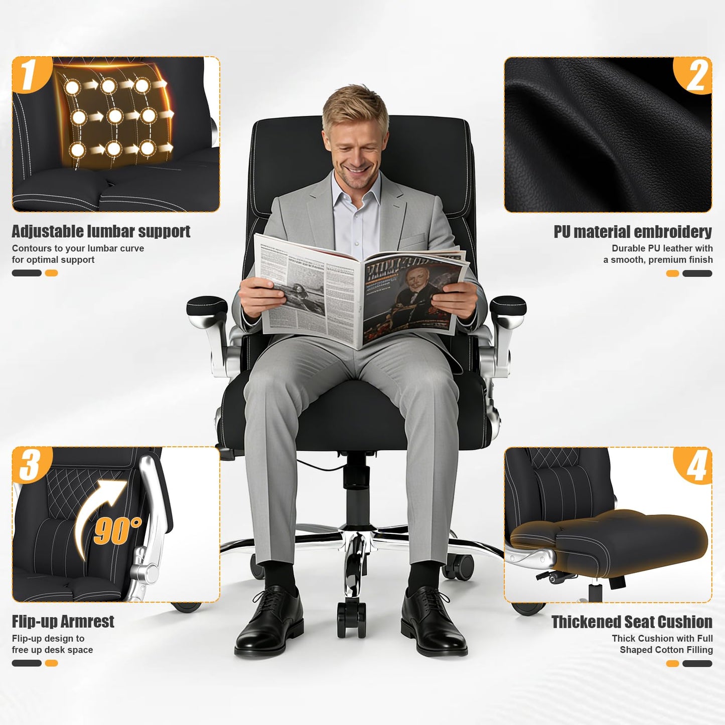 Big and Tall Ergonomic Leather Office Chair with Adjustable Lumbar Support, Flip-Up Armrests Desk Computer Chair, Swivel PC Chair with Rocking Function