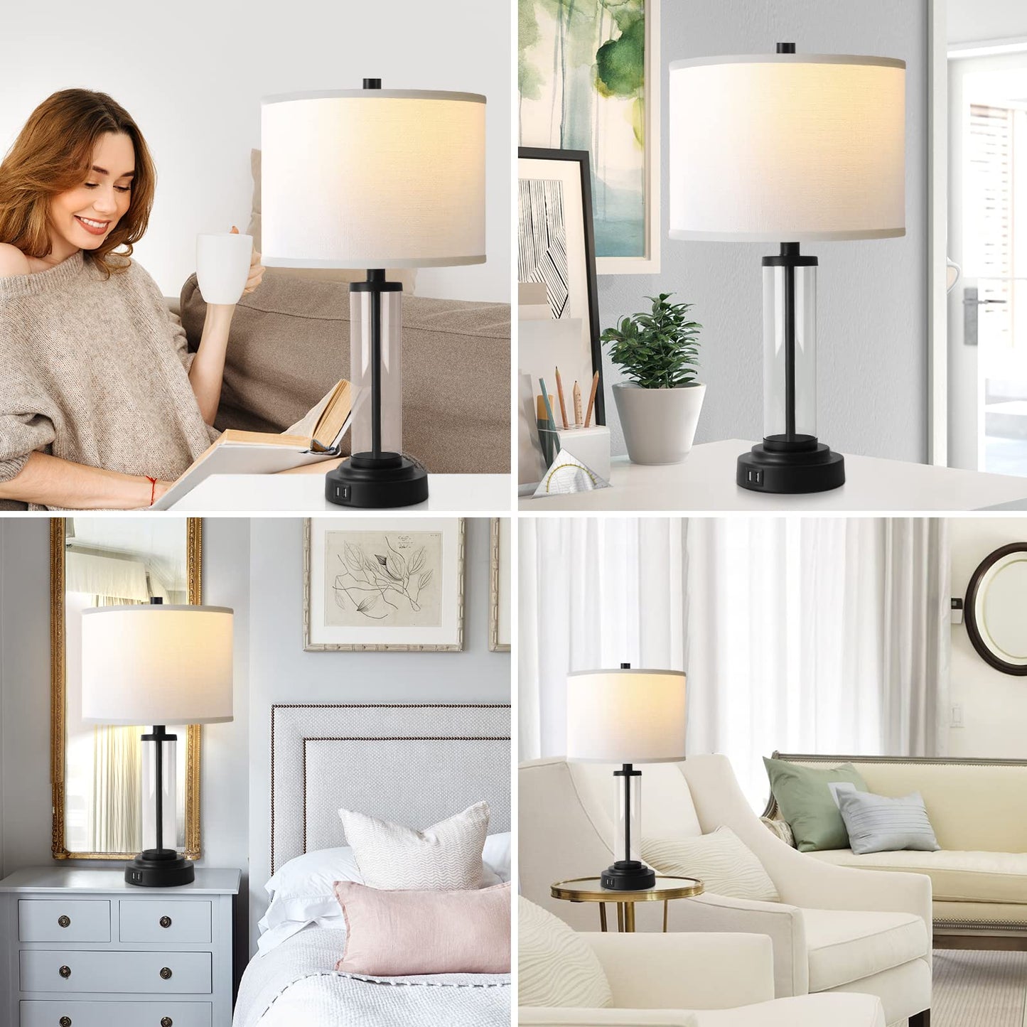 QiMH Touch Control Table Lamps Set of 2, 3-Way Dimmable, USB Ports, Modern Nightstand Lamp, Glass & Metal, Black