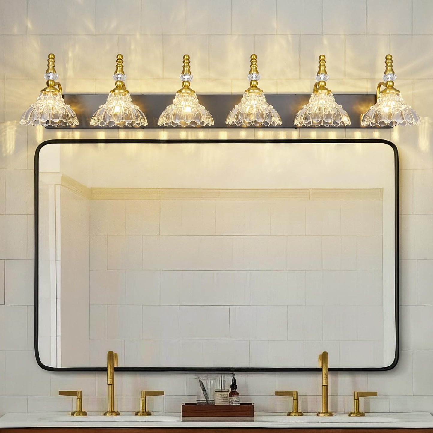 Lbsqj Vintage Bathroom Vanity Light  6-Light Black Gold Vanity Lighting Fixture With Flower Glass Shade  Bathroom Lighting Fixtures Over Mirror