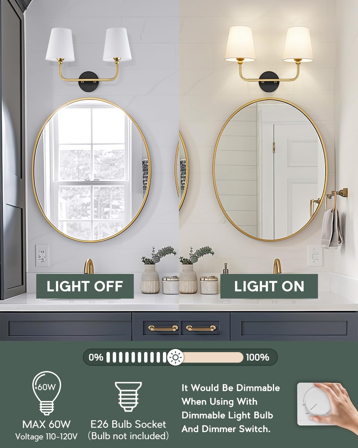 Metwet 2-Light Bathroom Light Fixtures  Black And Gold Vanity Lights  Double Wall Sconce With Flared White Fabric Shade  Modern Sconces Wall Lighting For Hallway Bedroom Stairway  Vl837-Kg-2