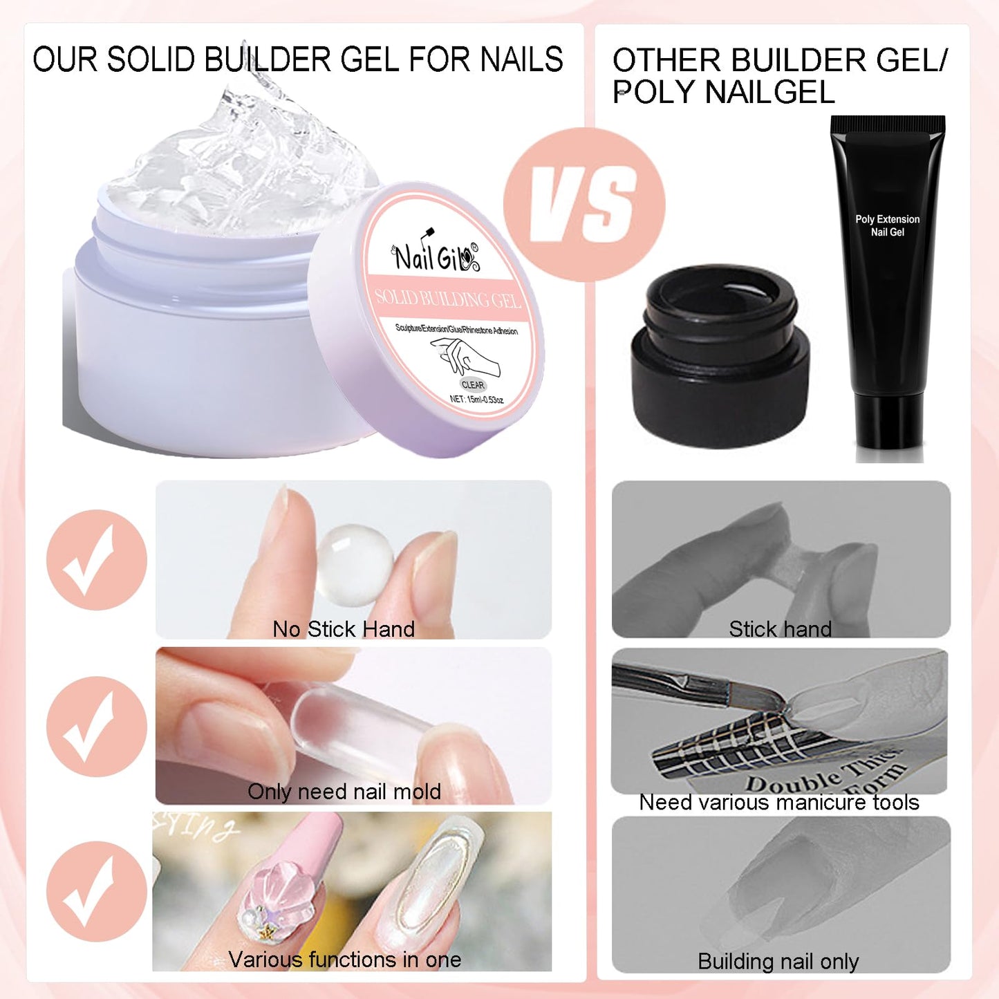 NAILGIL Solid Builder Gel For Nails,3D Nail Art Sculpture Non-Sticky Hand Clear Extension Gel Sock Off UV LED with 3D Silicone F