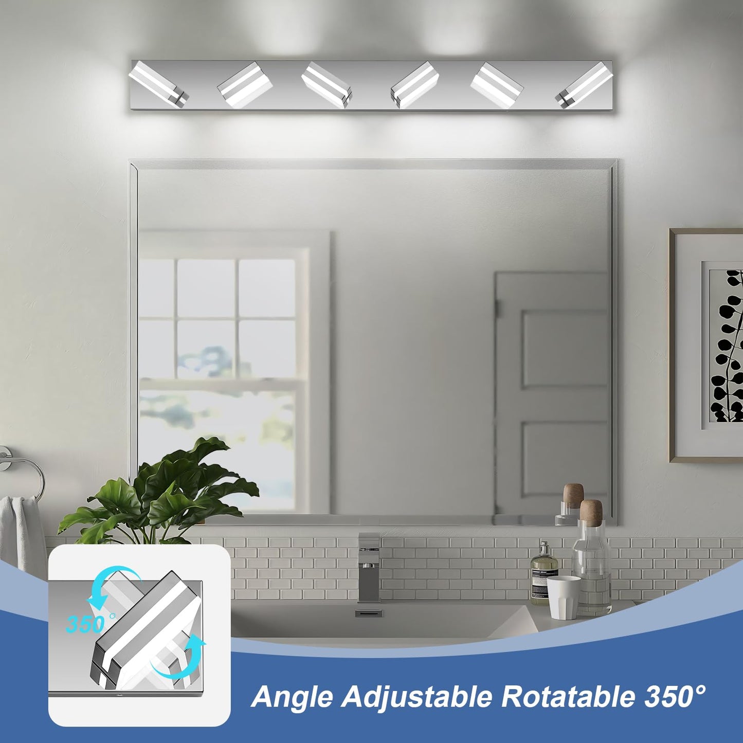 Jzekvn Modern Led Bathroom Lights Fixtures(6-Light) Stainless Steel Chrome Acrylic Wall Lighting Vanity Lights For Bathroom Over Mirror(6000K 41In