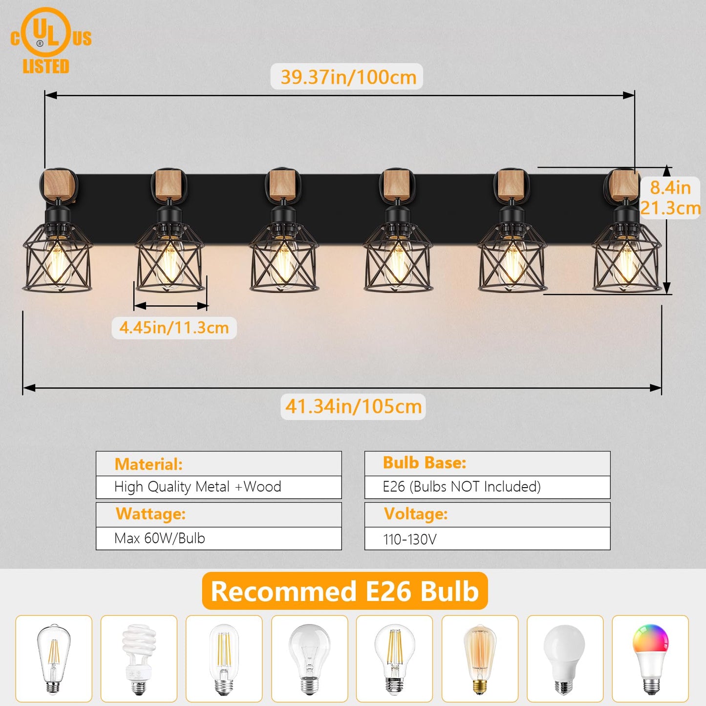Fadimikoo 6-Light Farmhouse Bathroom Lighting Fixtures  Wood Black Vanity Lights Over Mirror  Rustic Wall Sconces Lighting With Metal Lampshade  Vintage Wall Lights For Bedroom  Living Room  Hallway